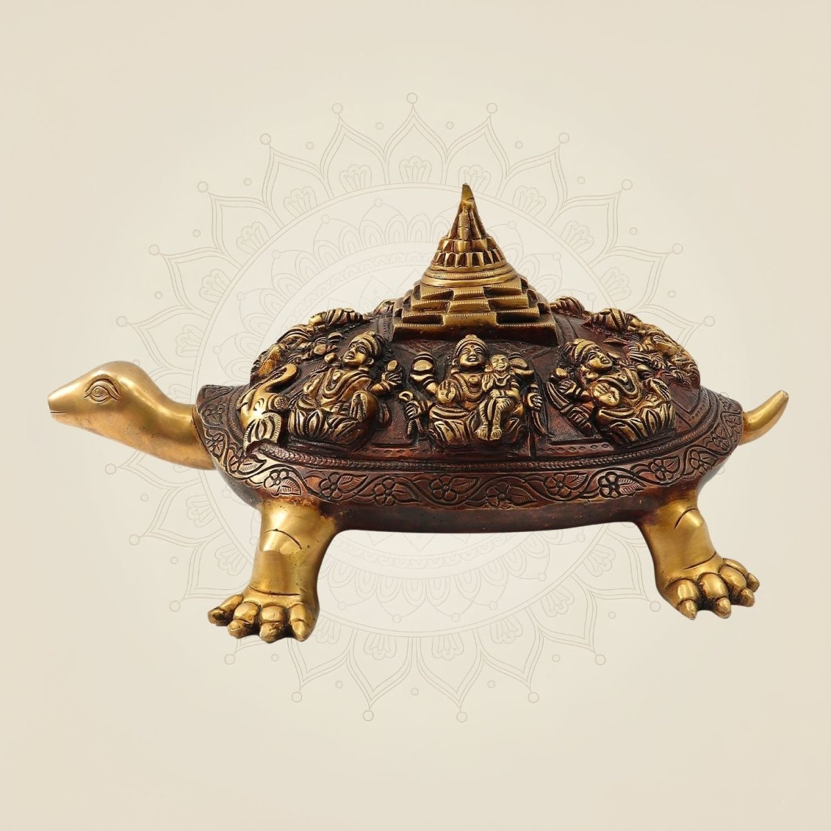 Brass Ashtalakshmi Shree Yantra on Tortoise Figurine 5.75" – Unique Vastu Home Décor - Luxeartisanship