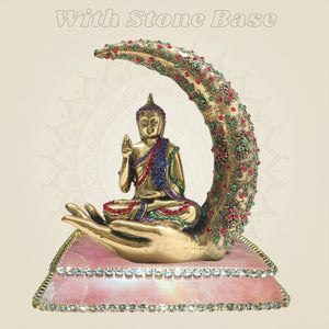 Brass Buddha Statue Seated on Crescent Hand 6.25" with Rich Stone Work - Luxeartisanship