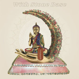 Brass Buddha Statue Seated on Crescent Hand 6.25" with Rich Stone Work - Luxeartisanship