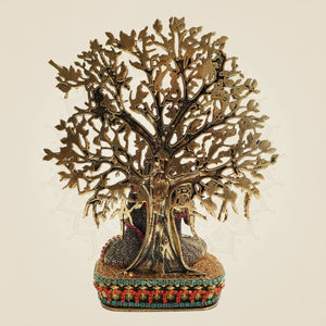 Brass Buddha Statue Under Bodhi Tree 6.5″ with Fine Jewellery Stone Work - Luxeartisanship