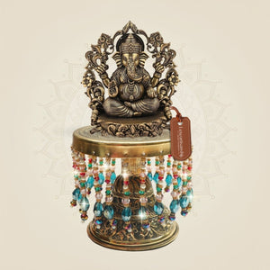 Brass Chaturbhuj Ganesha Darbaar Murti with Chowki – Brass Statue 7.25" - Luxeartisanship