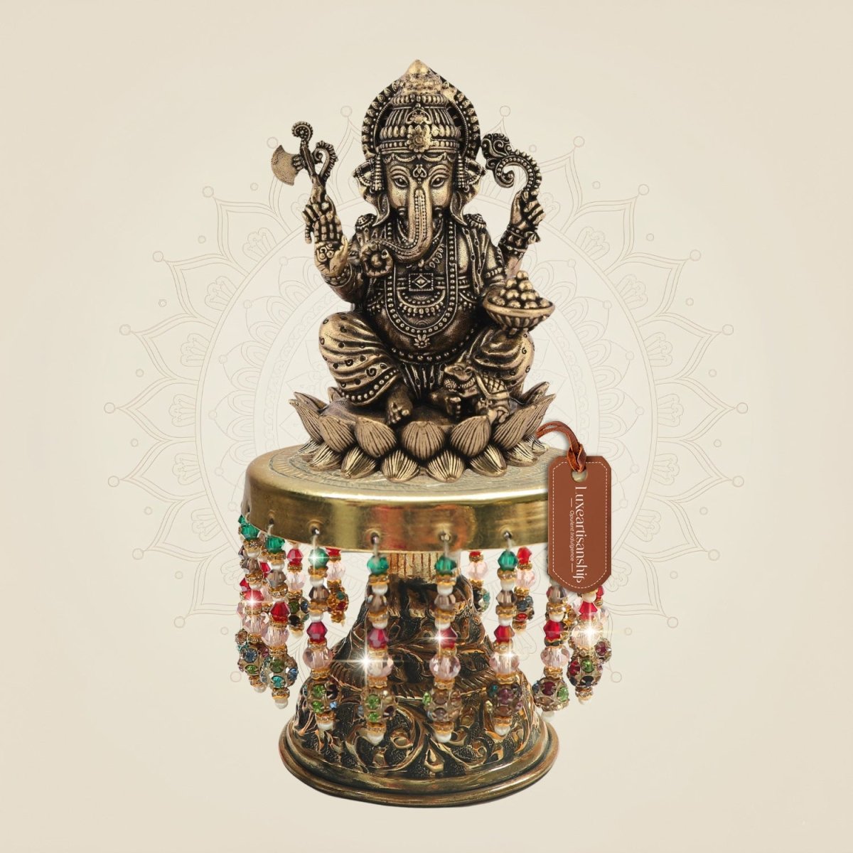 Brass Chaturbhuj Ganesha with Decorative Chowki 5.5"– Balanced Arm Structure - Luxeartisanship
