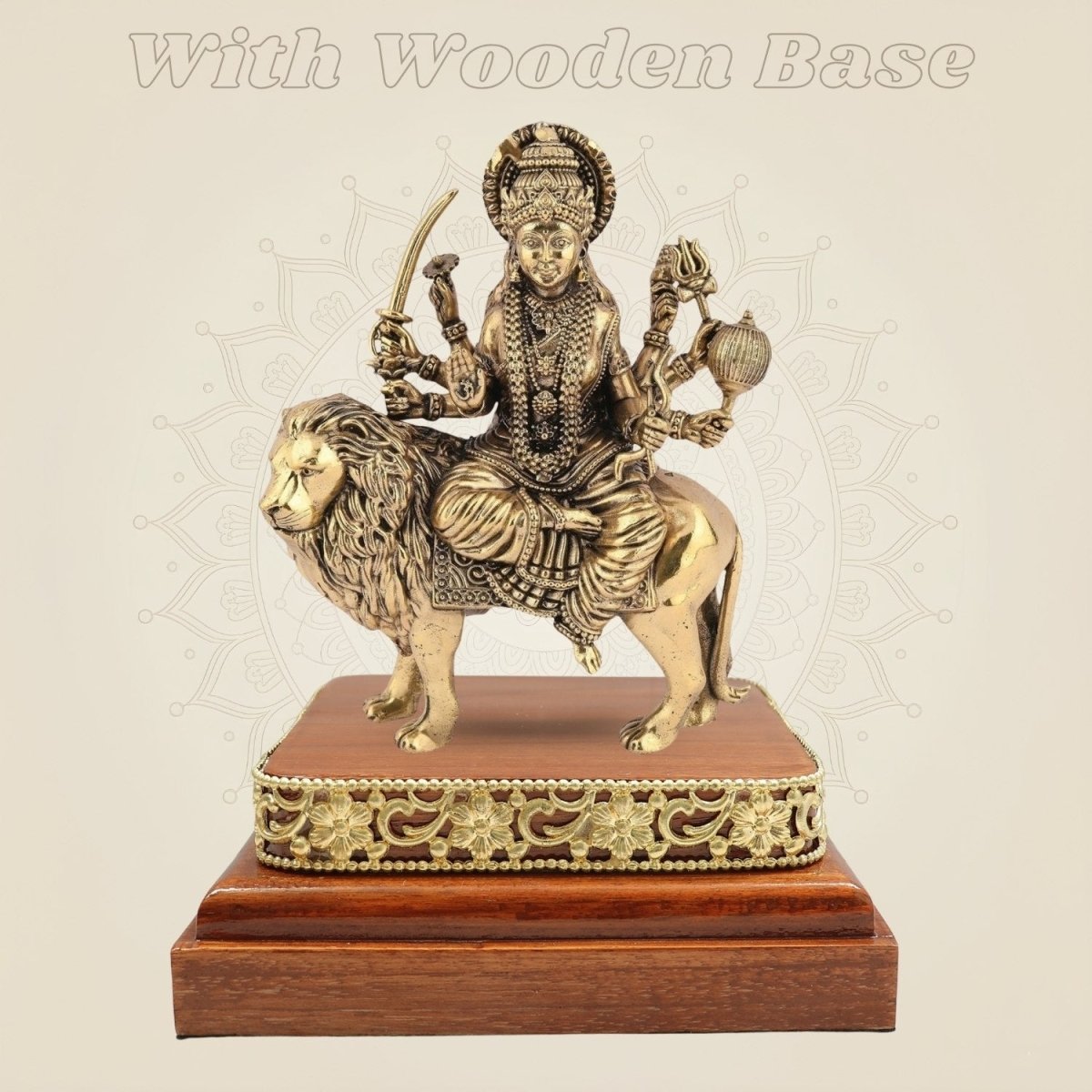 Brass Durga Idol Riding the Lion 6″ with Square Wood Platform - Luxeartisanship
