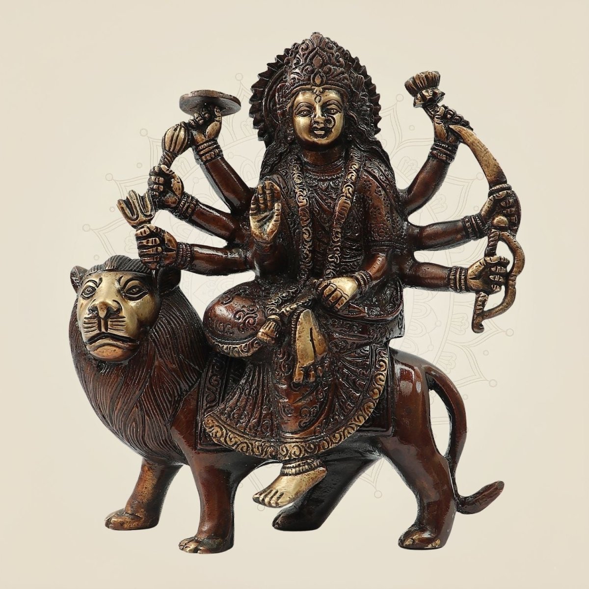 Brass Durga Maa Idol 8 "– Ambe Mata Murti Seated on Lion for Navratri, Puja & Home Temple Décor - Luxeartisanship