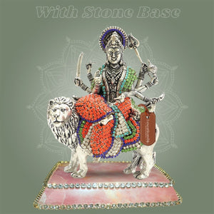 Brass Durga Maa Idol on Lion Featuring Multicolor Stone Work Detailing 6" - Luxeartisanship