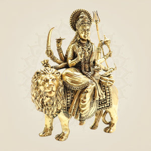 Brass Durga Mata Idol 5" - Lightweight Handcrafted Murti with Lion Base - Luxeartisanship