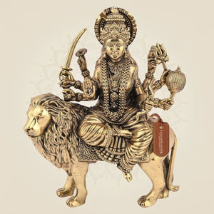 Brass Durga Idol on Lion – 6" Handcrafted Artisan for Goodness - Luxeartisanship