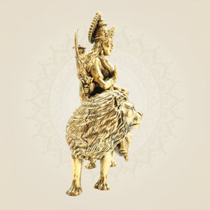 Brass Durga Mata Idol 5" - Lightweight Handcrafted Murti with Lion Base - Luxeartisanship