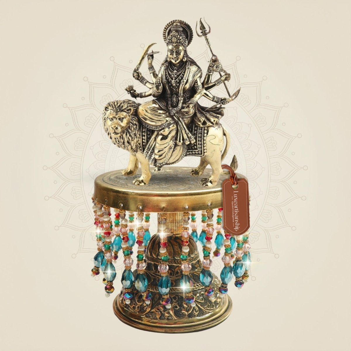 Brass Durga Mata with Lion on Chowki – Dynamic Riding Posture - Luxeartisanship