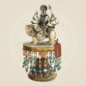 Brass Durga Mata with Lion on Chowki – Dynamic Riding Posture - Luxeartisanship