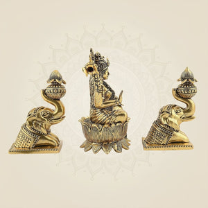 Brass Gajalakshmi with Elephants on Lotus Idol 5" Handmade Sculpture - Luxeartisanship