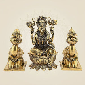 Brass Gajalakshmi with Elephants on Lotus Idol 5" Handmade Sculpture - Luxeartisanship