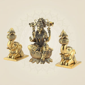 Brass Gajalakshmi with Elephants on Lotus Idol 5" Handmade Sculpture - Luxeartisanship
