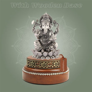 Brass Ganesh Idol in Silver - Plated Brass 4″ with Wood Base - Luxeartisanship