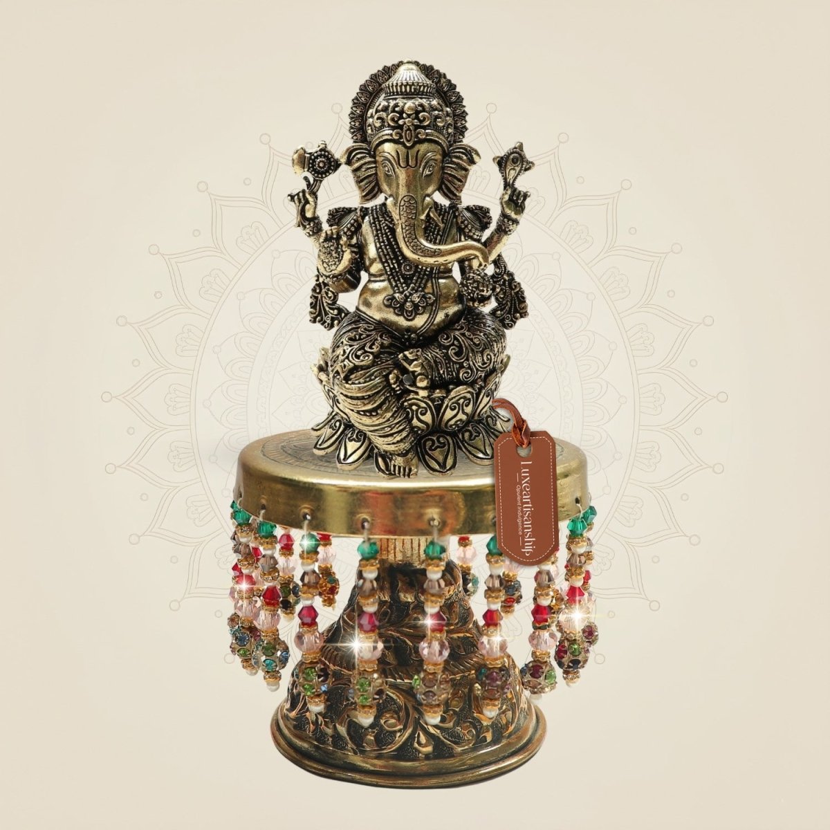 Brass Ganesh Idol on Chowki for Home Temple 6.5" - Luxeartisanship