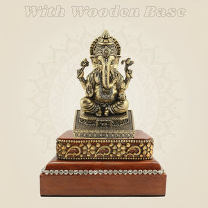Ganesha Brass Idol on Wooden Foundation - Luxeartisanship