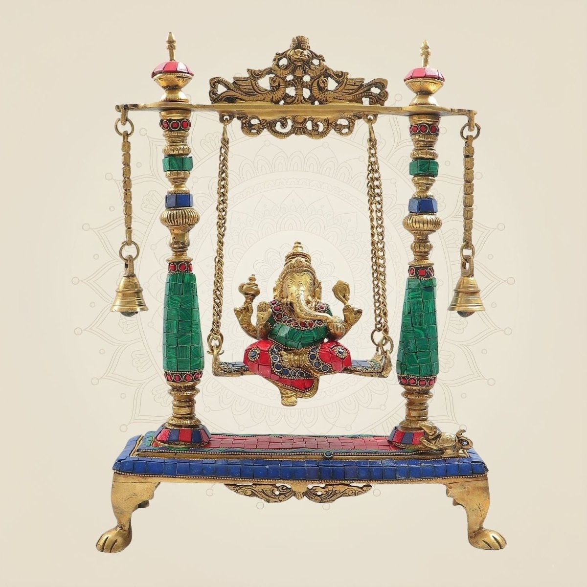 Brass Ganesh Ji Idol on Swing with Stone Work 16" - Traditional Ganesha Jhoola Statue - Luxeartisanship