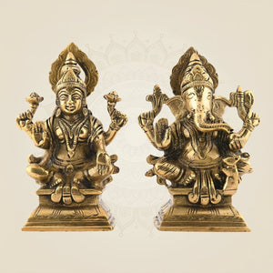 Brass Ganesh with Shubh Lakshmi Idol 5.25" | Vighnaharta Decorative Showpiece - Luxeartisanship