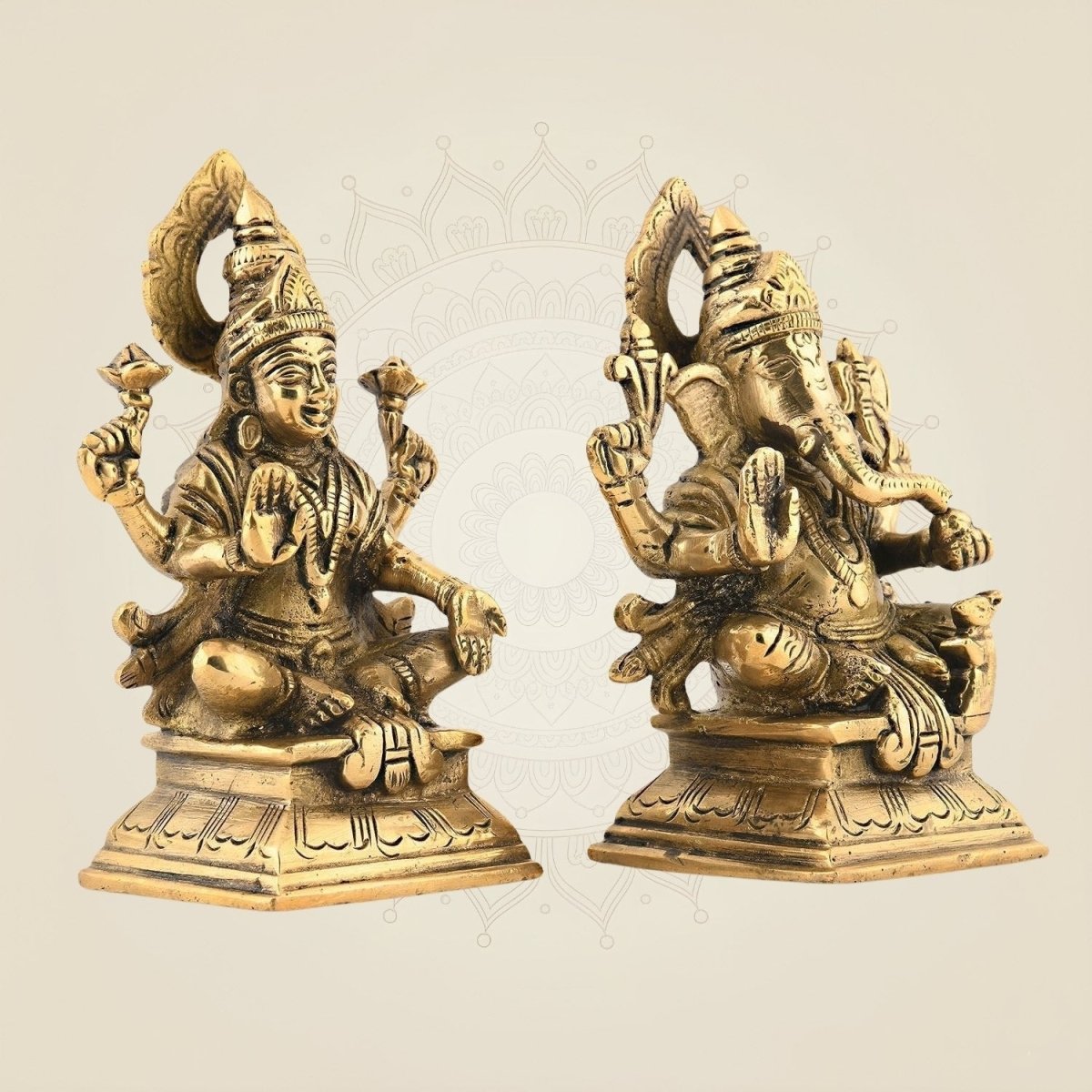 Brass Ganesh with Shubh Lakshmi Idol 5.25" | Vighnaharta Decorative Showpiece - Luxeartisanship