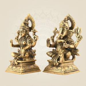 Brass Ganesh with Shubh Lakshmi Idol 5.25" | Vighnaharta Decorative Showpiece - Luxeartisanship
