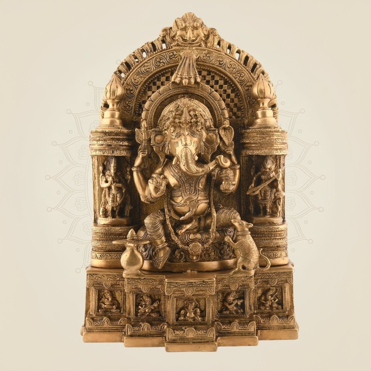 Brass Ganesha as Musician with Lakshmi & Saraswati – Royal Seated Idol 17.5″ - Luxeartisanship