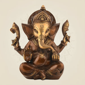 Brass Ganesha Idol Enjoying Modak 7.75"