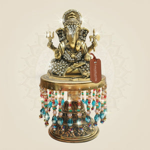 Brass Ganesha Statue on Chowki with Jewellery Stone Work 7.5" - Luxeartisanship