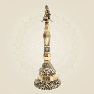 Brass Hanumanji Hand Bell Big Size with Auspicious Detailing 8" - Luxeartisanship