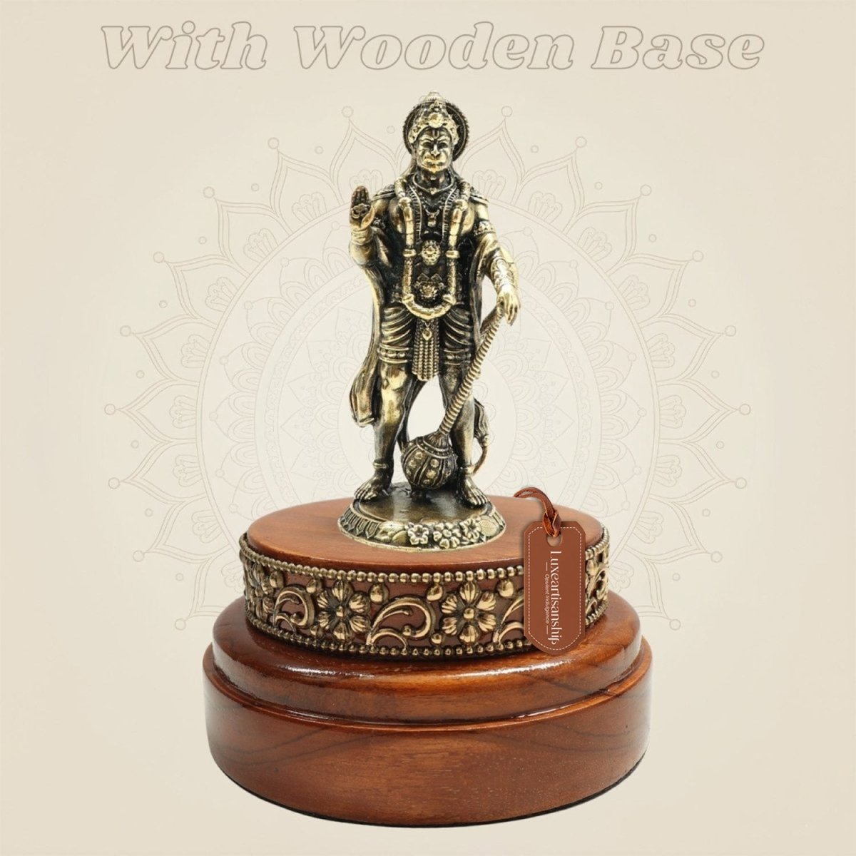 Brass Hanumanji Murti on Wooden Base for Home Temple and Puja