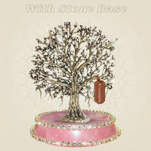 6.25 inch Brass Kalpavriksha Tree Idol on Pink Stone with Rhinestone Detailing
