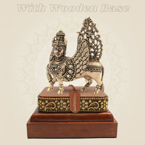 Brass Kamdhenu Cow Idol 3" Set on a Square Wood Platform - Luxeartisanship