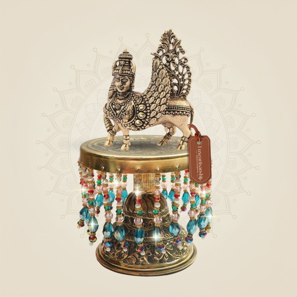 Brass Kamdhenu Cow Murti with Chowki 7"– Engraved Surface Detail - Luxeartisanship