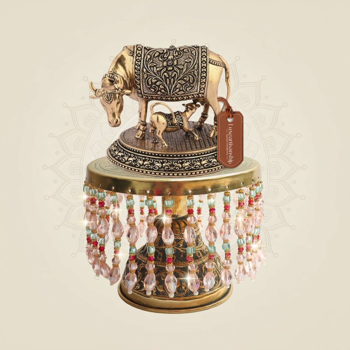 Brass Kamdhenu Cow Statue with Chowki Base Finish 8" - Luxeartisanship