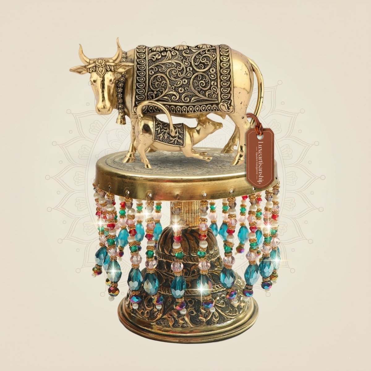 Brass Kamdhenu Cow with Calf on Chowki 6" - Luxeartisanship