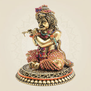 Brass Kanha Idol Playing Flute with Rhinestone Work – 4.75 Inch - Luxeartisanship