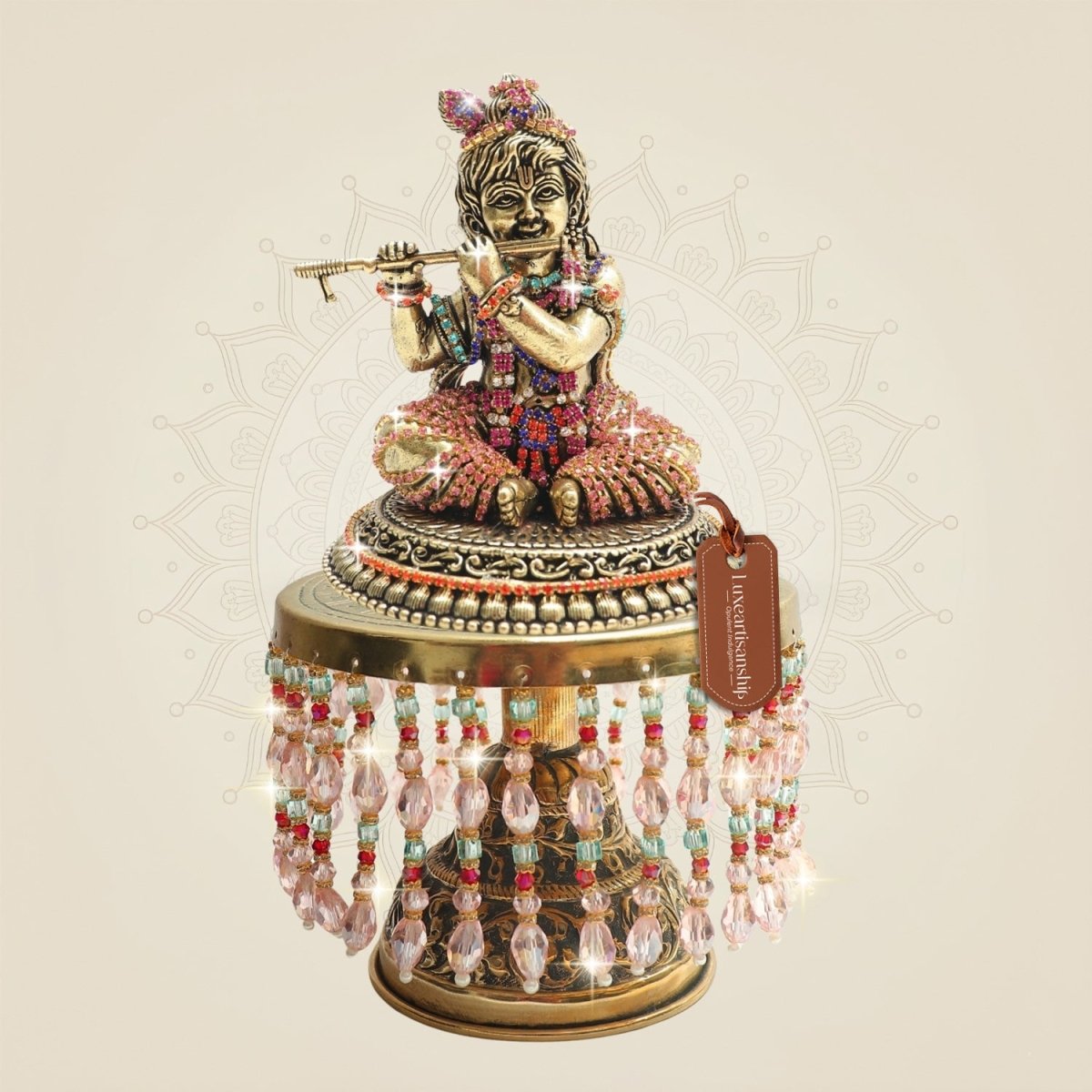 Brass Kanha Idol with Rhinestone Work on Chowki for Mandir 9.25" - Luxeartisanship