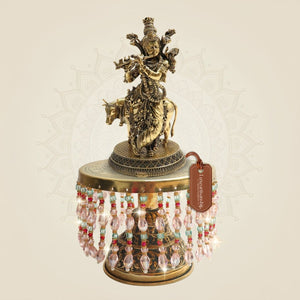 Brass Krishna with Cow on Chowki Showing Divine Cow Connection 12" - Luxeartisanship