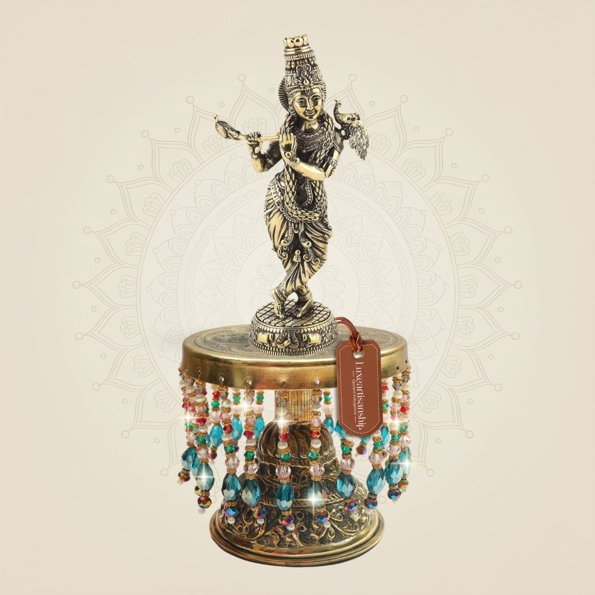 Brass Krishna with Peacock on Chowki 10"– Brass Statue - Luxeartisanship