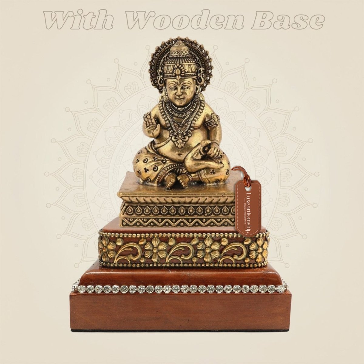 Brass Lord Kuber Murti on Wooden Base for Prosperity and Wealth