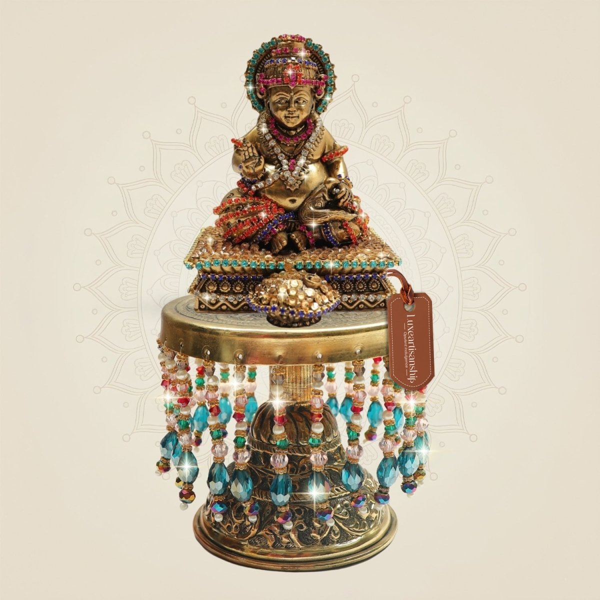 Brass Kuber Idol with Multicolour Jewellery Work on Chowki 7.5" - Luxeartisanship