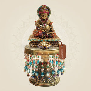 Brass Kuber Idol with Multicolour Jewellery Work on Chowki 7.5" - Luxeartisanship