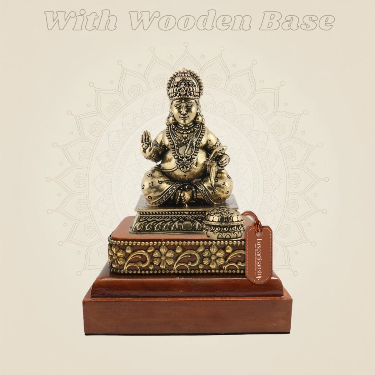 3 inch Brass Kuber Murti on Wooden Base for Home Decor