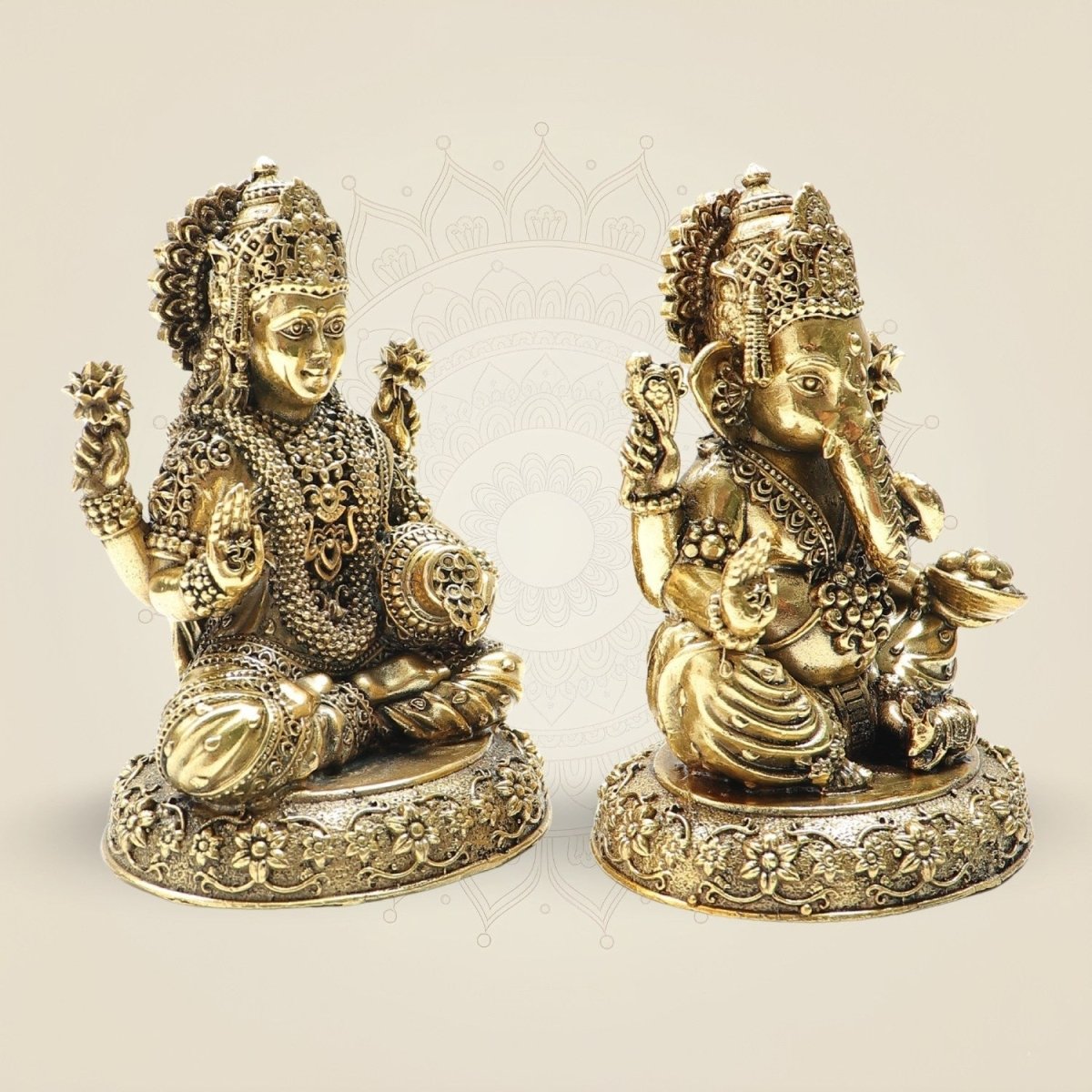 Brass Lakshmi and Ganesha Idol Pair 4" – Detailed Decorative Set - Luxeartisanship