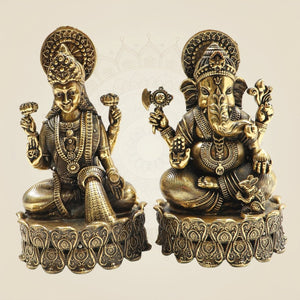 Brass Lakshmi Ganesh Idol Set 4.25" with Lotus Base - Luxeartisanship