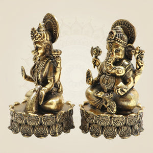 Brass Lakshmi Ganesh Idol Set 4.25" with Lotus Base - Luxeartisanship
