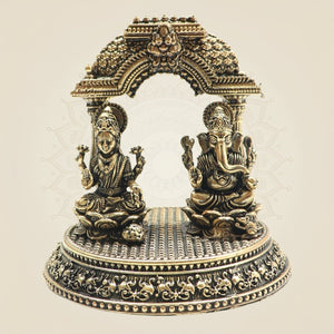Brass Lakshmi Ganesh Idol with Smooth Round Pedestal 3" - Luxeartisanship