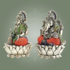 Brass Lakshmi Ganesha Murti on Lotus Base Featuring Multicolor Stone Work 6" - Luxeartisanship