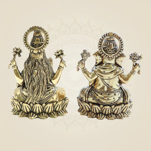 Brass Lakshmi Ganesha on Lotus – 4" Pair • Wealth & Wisdom Idols Set