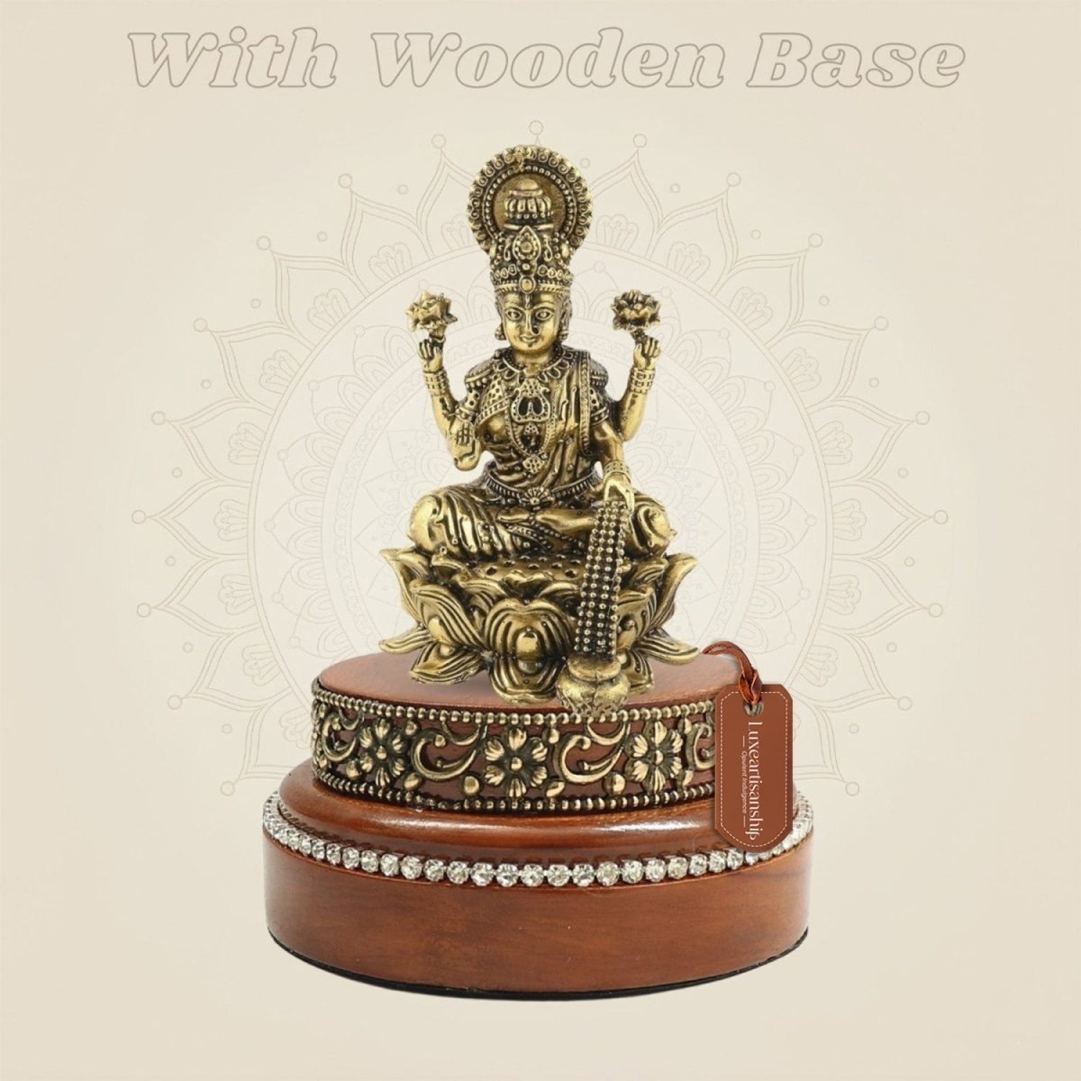 Brass Goddess Lakshmi Idol on Wooden Base for Home Temple