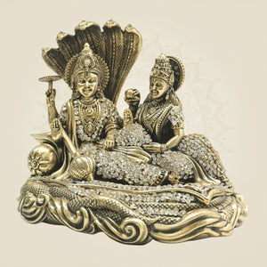 Brass Lakshmi Narayan Idol 6" Seated on Sheshnag Highlighted by Radiant Stone - Luxeartisanship